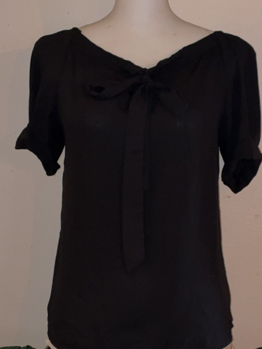 Black Sheer Tie Neck Blouse Small Short Sleeve Flowy Top Bow Front